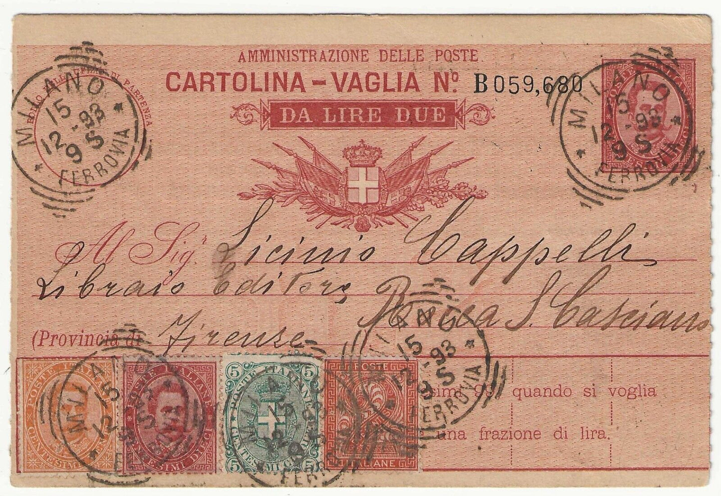 Regno d'Italia - Cartolina vaglia 2 L. con affrancatura tricolore Umberto