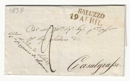 Sardegna - Prefilatelica per Casalgrasso 1838 con bollo nero con data Saluzzo