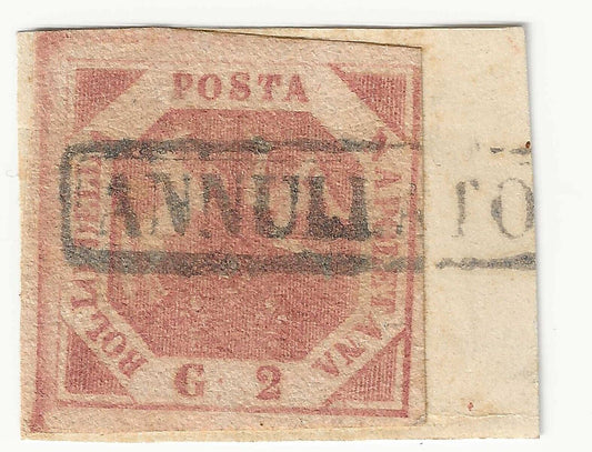 1858 Antichi Stati - 2 gr. rosa chiaro Stemma delle Due Sicilie su frammento