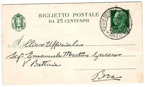 Regno - Biglietto Postale 25 cent. su bianco da Nervi a Bra 1931