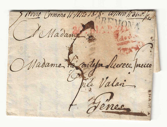 Lombardo Veneto - Prefilatelica 1818 per Genova bollo stamptello nero Cremona