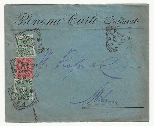 Regno d'Italia - Busta bicolore con 10 c. Umberto 1879 e 5 c. 1891 per Milano