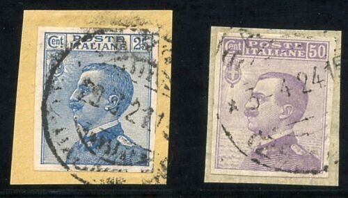 1908 Regno d'Italia - Frammenti con 25 e 50 cent. Michetti non dentellati