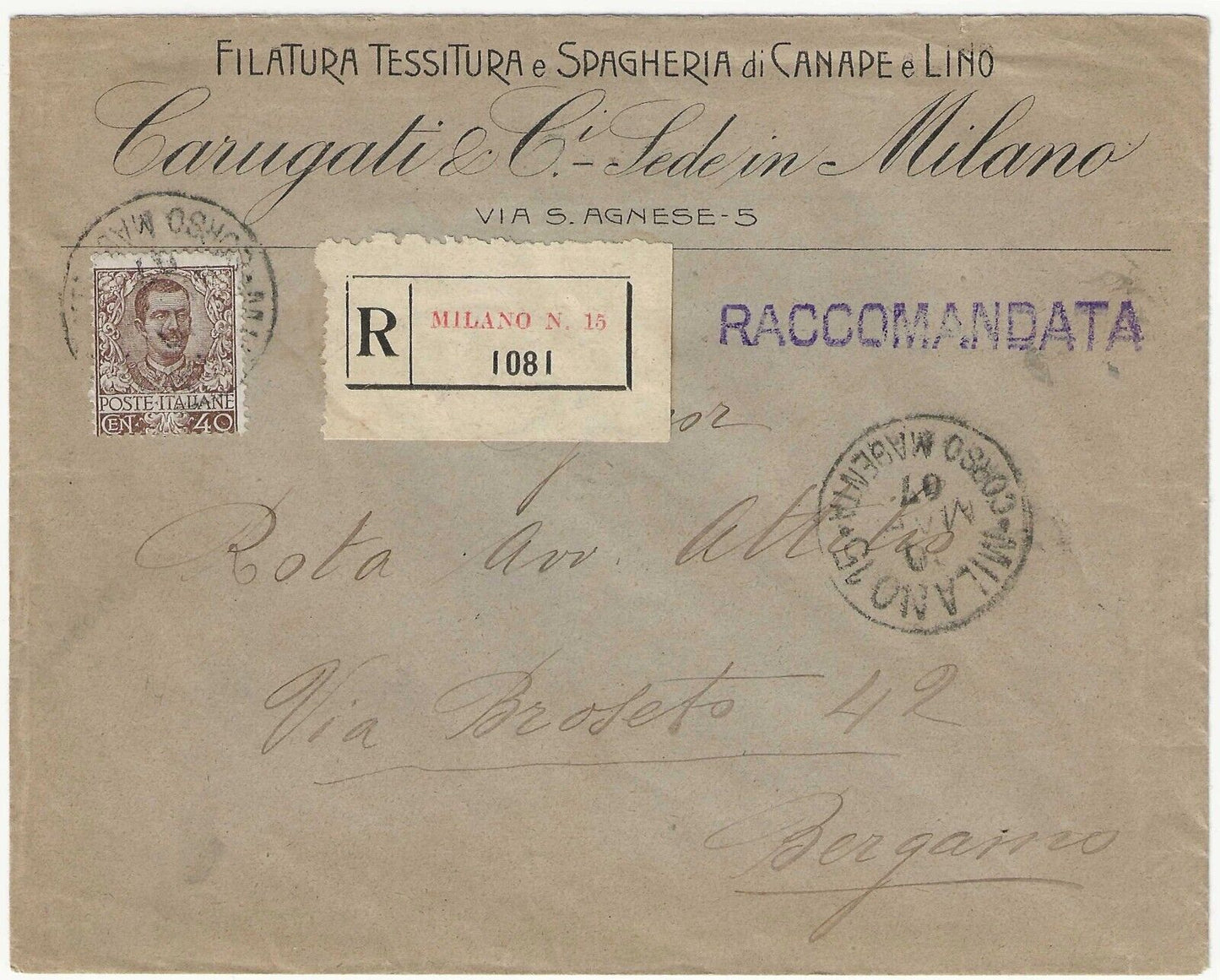 Regno d'Italia - 40 cent. serie Floreale 1901 su raccomandata per Bergamo