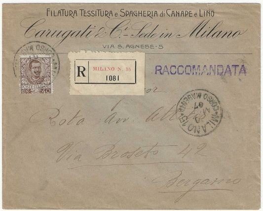 Regno d'Italia - 40 cent. serie Floreale 1901 su raccomandata per Bergamo