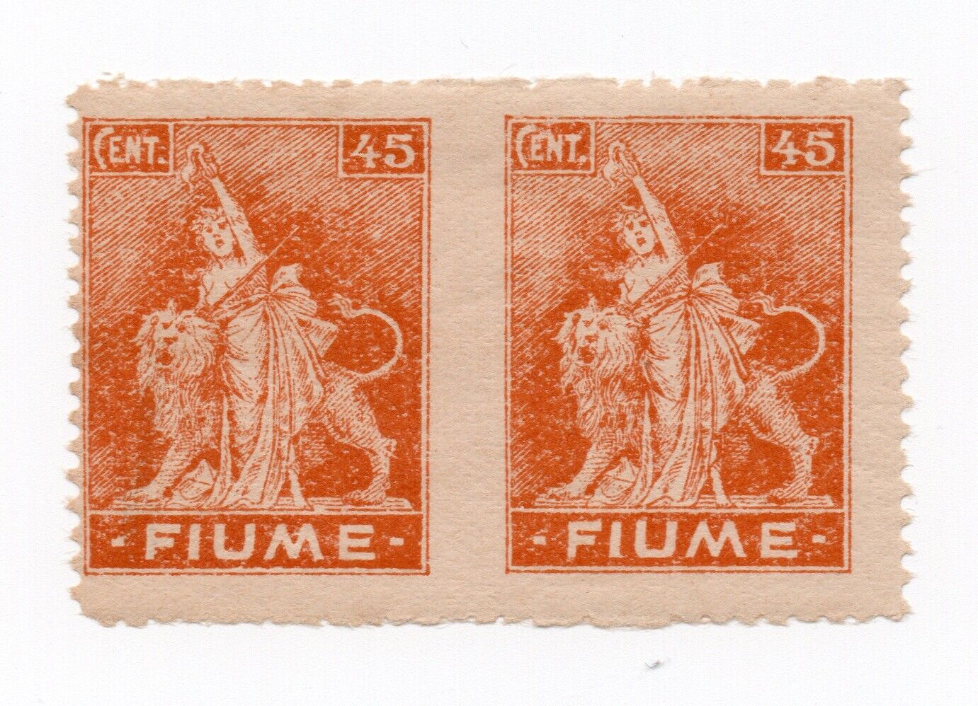 1919 - Royaume d'Italie (Fiume) - Allégories, paire 45 c. variété d'orange MLH