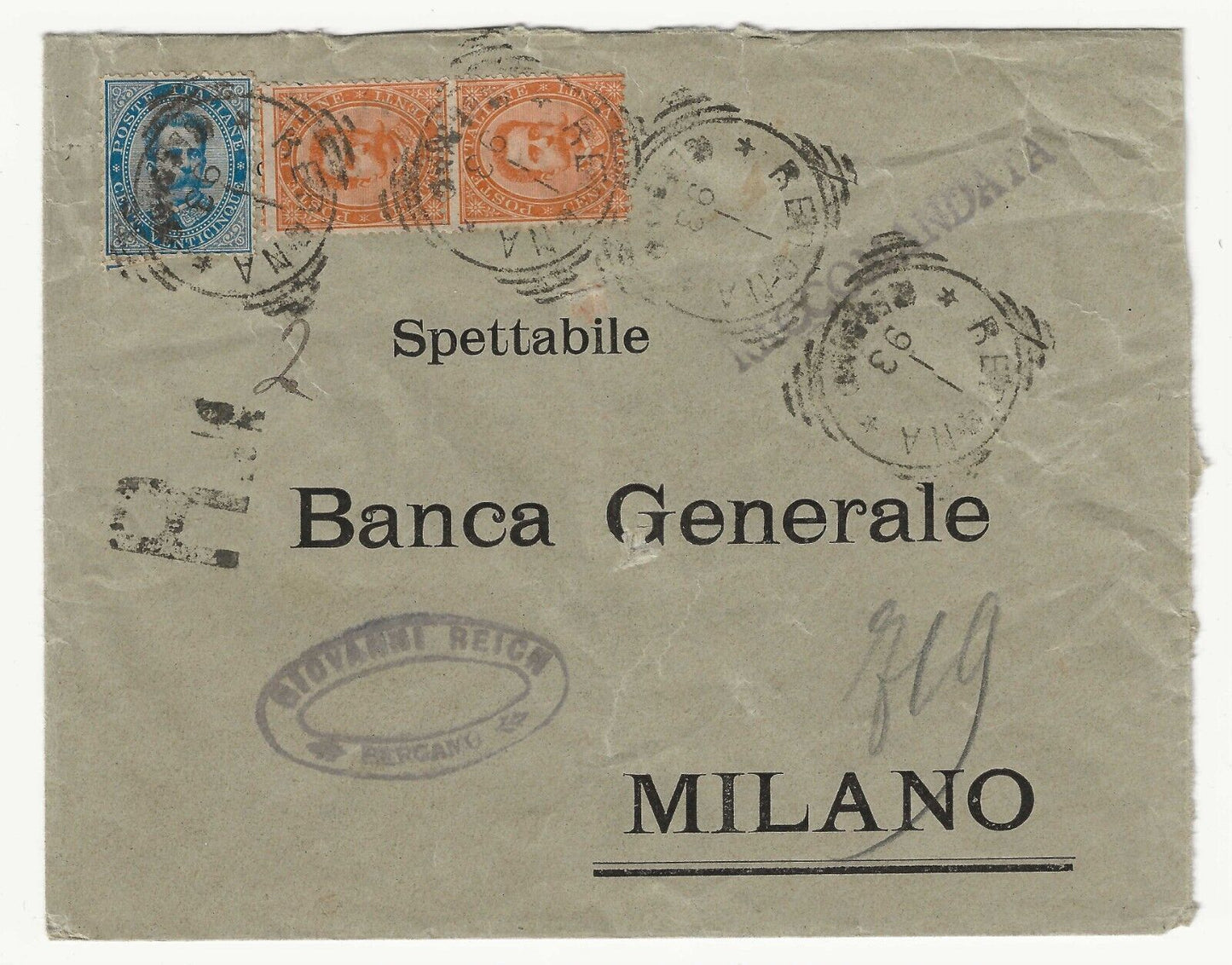 Regno - 25 c. blu Umberto I 1879 con coppia 20 c. arancio su busta per Milano