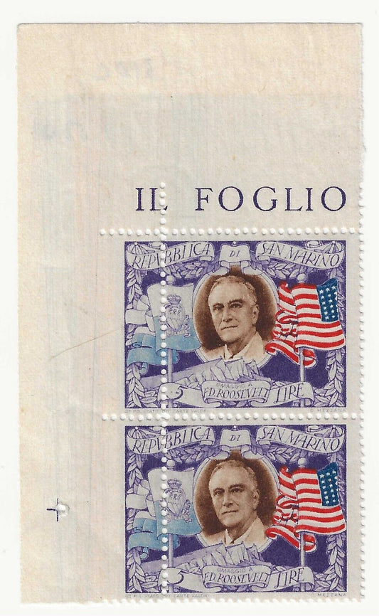 1947 San Marino - 5 L. Roosevelt bordo di folio in coppia varietà MNH**