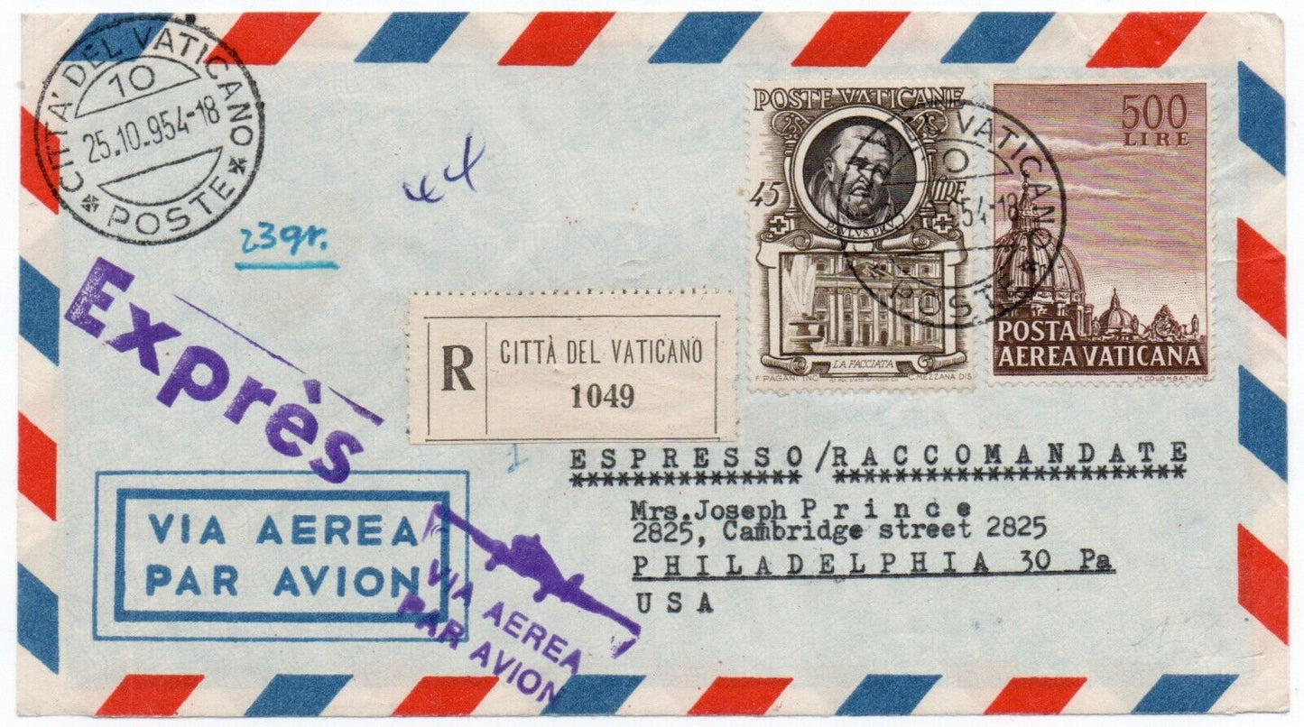 Vaticano - Raccomandata per gli USA con 500 L. Posta Aerea 1953 e 45 L. "Papi"