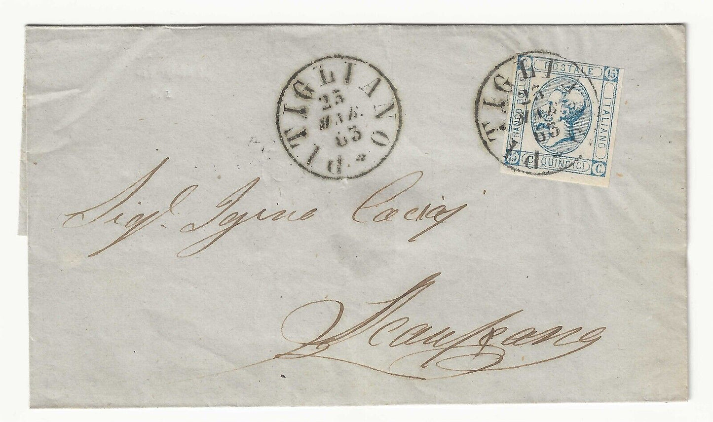 Kingdom - 15th c. 1863 (I type) on fold with circle cancellation Pitigliano 23 MAR 63