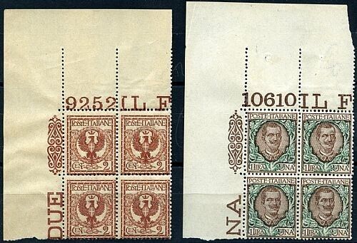 1901 Regno d'Italia - Floreale 2 c. e 1 L. quartine angolo di foglio MNH**