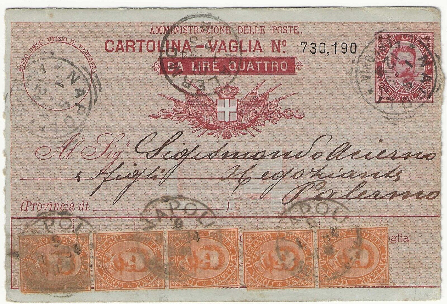 Regno d'Italia - Striscia di 20 cent. Umberto 1879 su cartolina vaglia 4 Lire