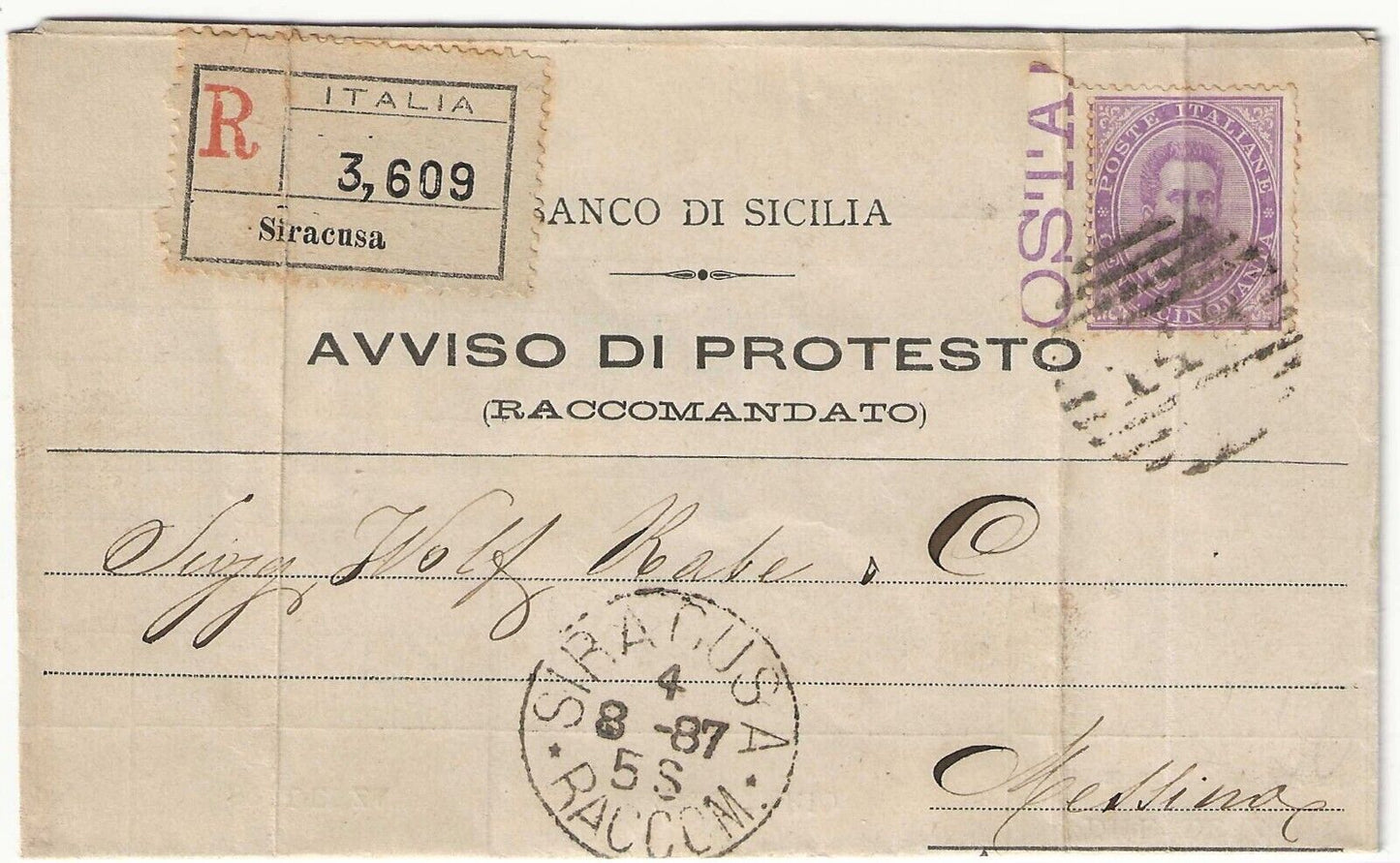 Regno d'Italia - 50 cent. violetto Umberto I 1879 isolato su busta