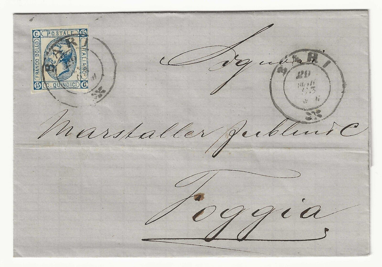 Regno - 15 cent. 1863 (I tipo) su piego per Foggia con annullo a cerchio Bari