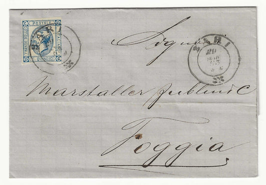 Regno - 15 cent. 1863 (I tipo) su piego per Foggia con annullo a cerchio Bari