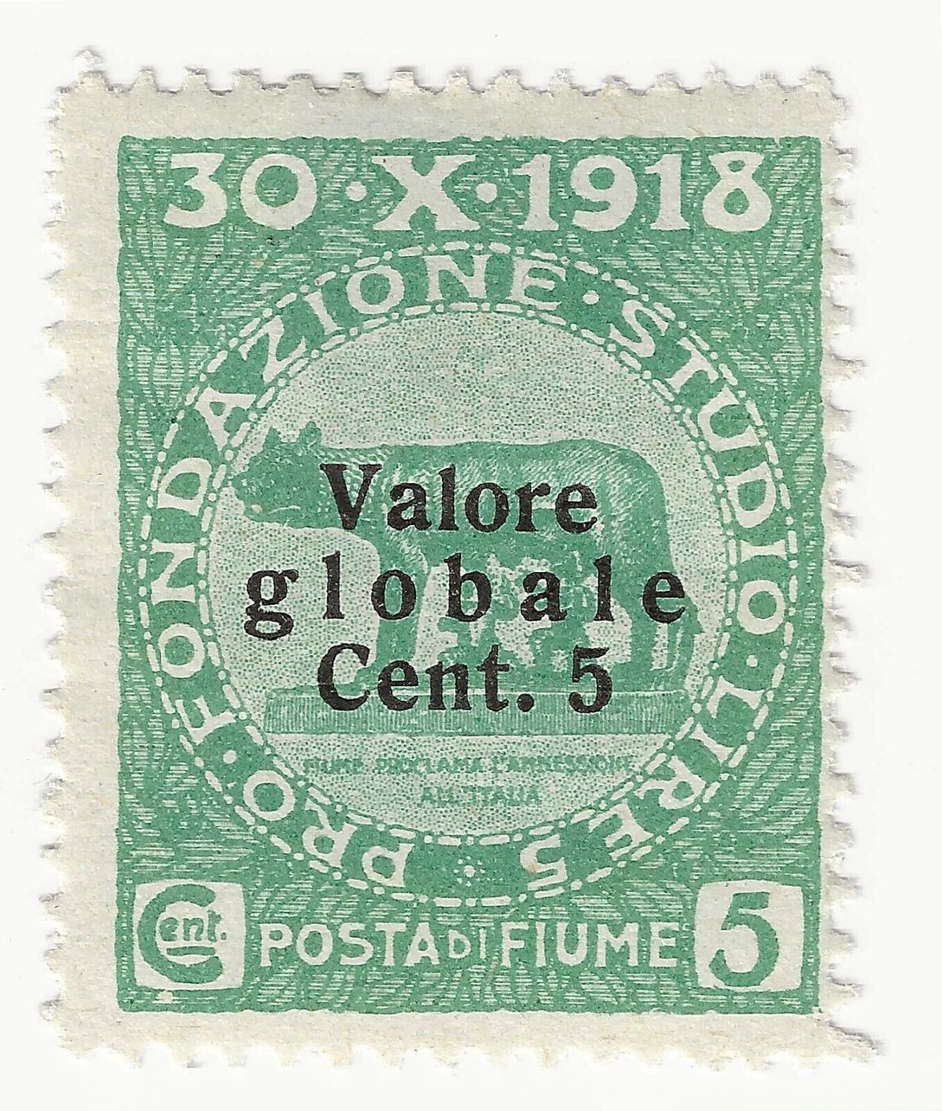 1920 Fiume - 5 c. su 5 c. verde Valore Globale pro Fondazione Studio MH*