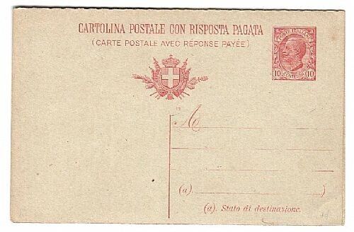 1908 Regno d'Italia - Cartolina Postale bilingue 10 c. + 10 c. Leoni mill. 18