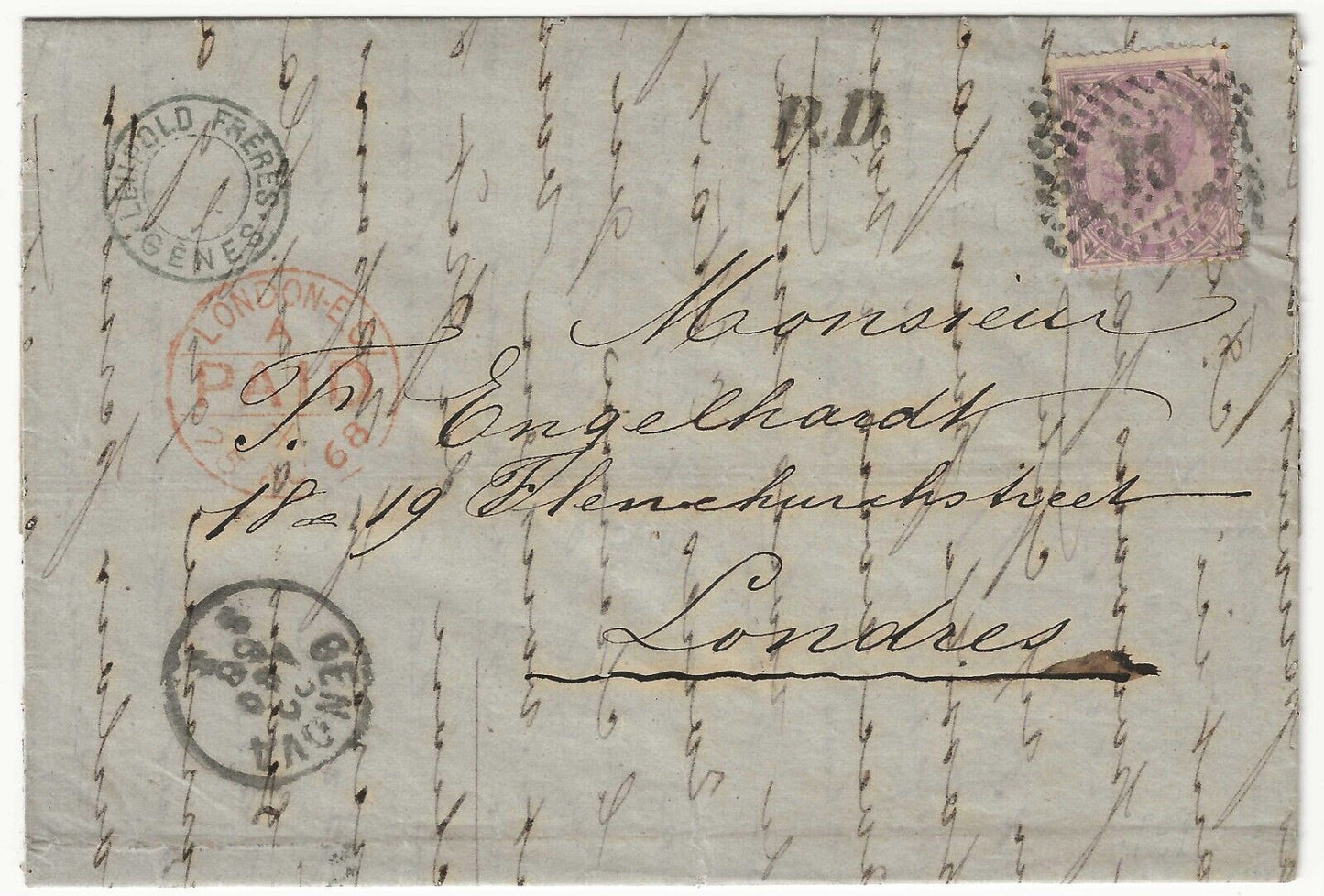 Regno - 60 c. lilla De La Rue 1865 (Torino) su piego per Londra