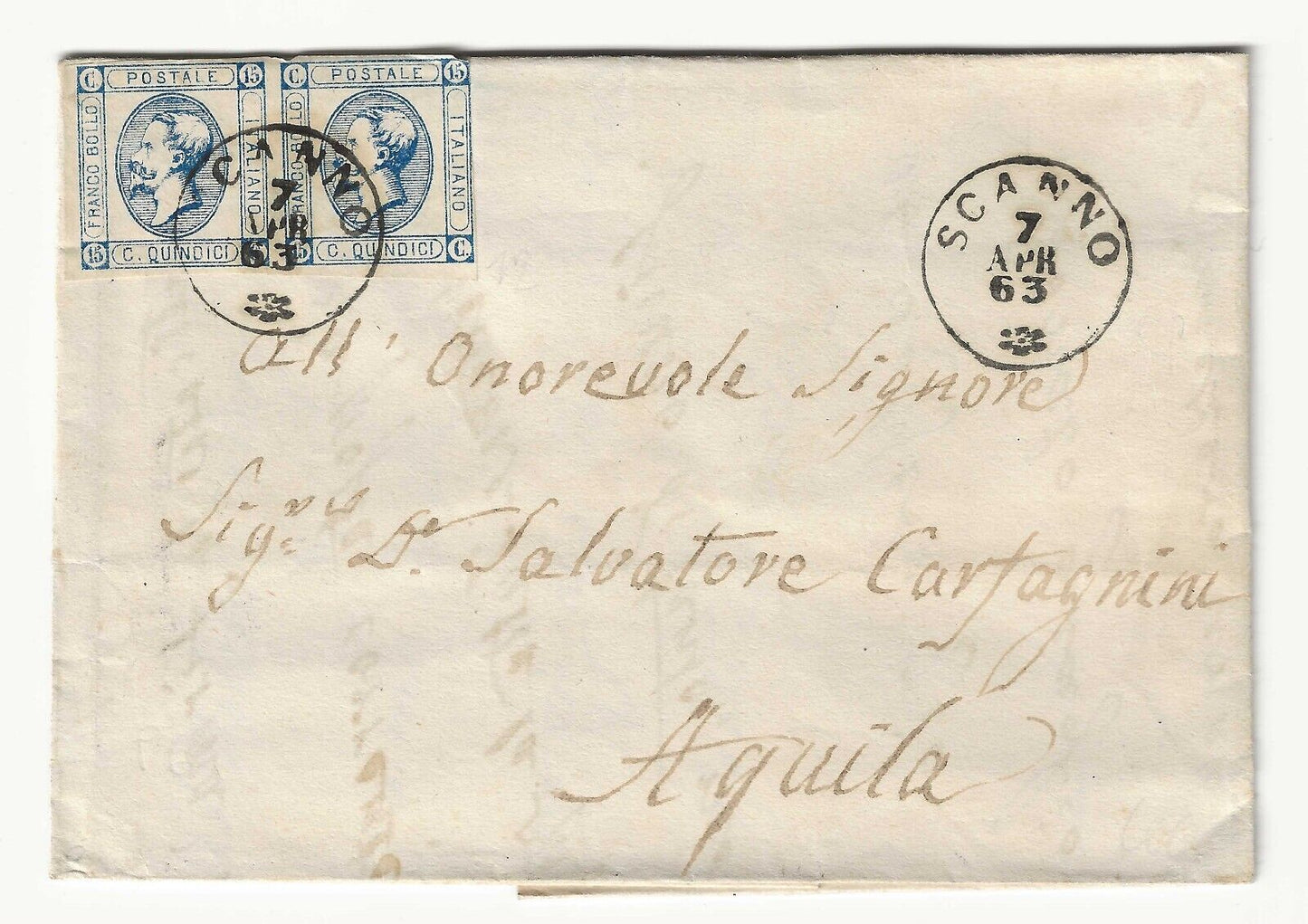 Regno - Coppia 15 cent. 1863 (I tipo) su piego per Aquila con annullo Scanno