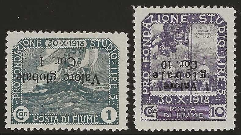 1920 Fiume - Valore globale 1 cor. e 10 cor. soprastampa capovolta MH*