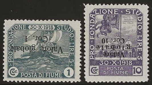 1920 Fiume - Valore globale 1 cor. e 10 cor. soprastampa capovolta MH*