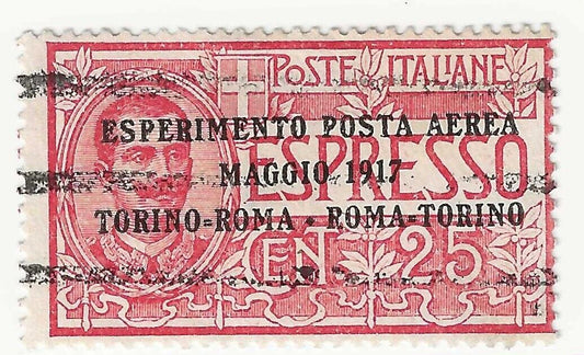 1917 Regno d'Italia - 25 c. Espresso soprastampato Posta Aerea  Roma-Torino-Roma