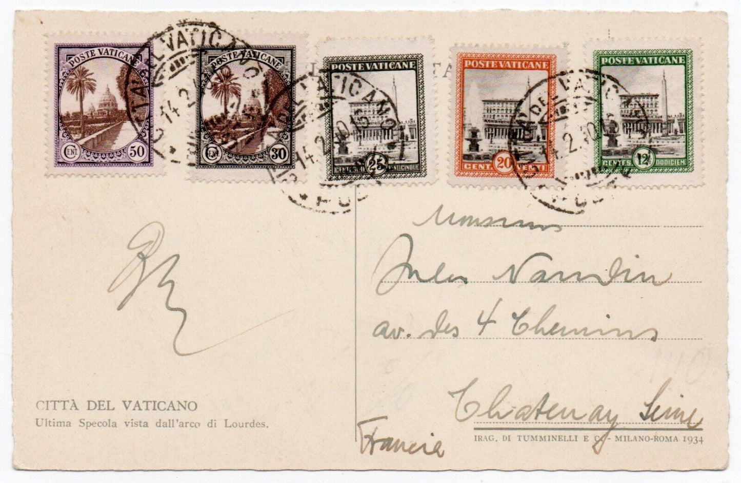 Vaticano - Cartolina con valori serie "Giardini" 1933 per la Francia 14.2.40