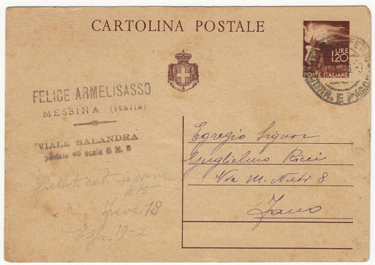 1945 Luogotenenza - Cartolina Postale 1,20 L. bruno Democratica con stemma usata