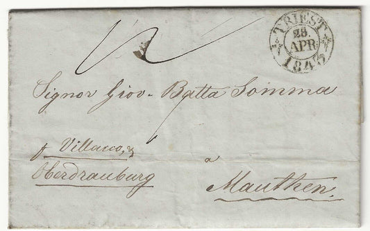 Prefilatelica del 1843 per Mauthen (Austria-Ungheria) con bollo Trieste