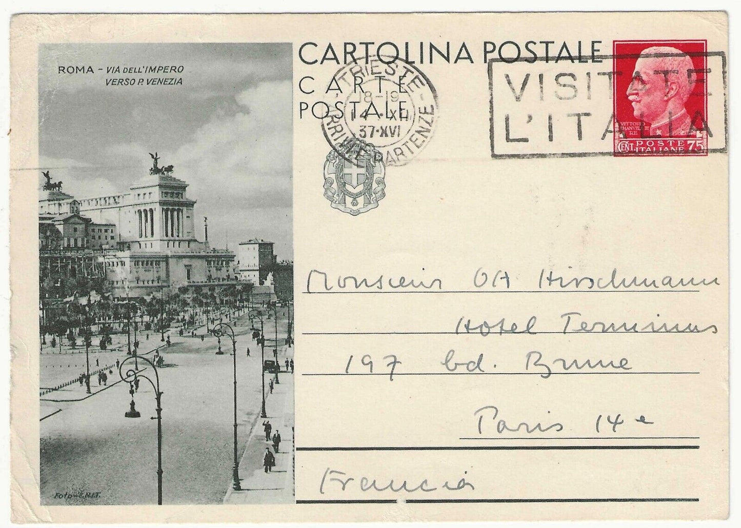 Regno d'Italia - Cartolina Postale 75 c. Roma - Via dell'Impero per la Francia