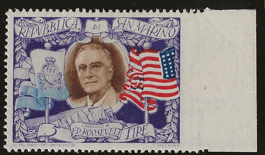 1947 San Marino - 5 L. Roosevelt sheet edge not perforated on the right MH*