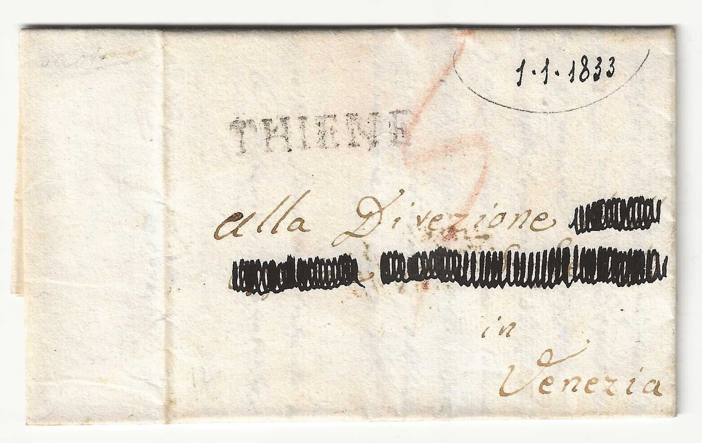 Lombardo Veneto - Prefilatelica del 1833 per Venezia con bollo nero Thiene