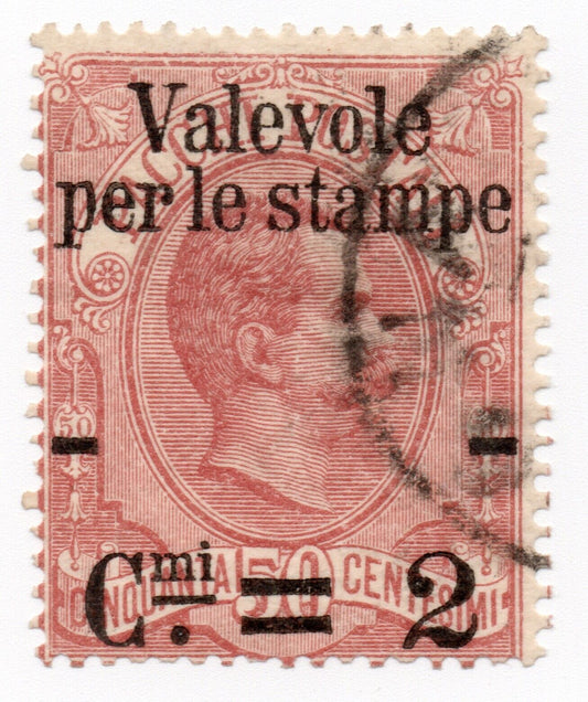 1890 - Regno d'Italia - Valevole per le stampe, 2 c. su 50 c. carminio usato