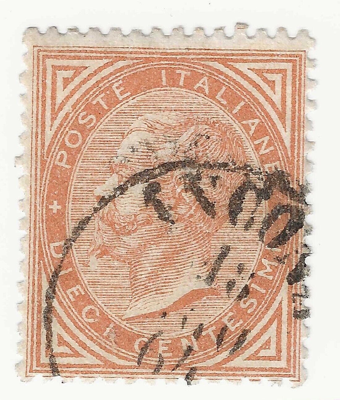 1863 Regno - 10 c arancio Tiratura Londra con annullo originale ANCONA 18 AGO 64