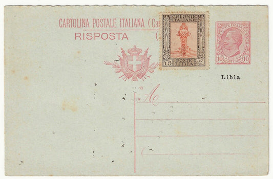 1915 Colonie (Libia) - Cartolina Postale Risposta 10 cent. Leoni con 15 c.