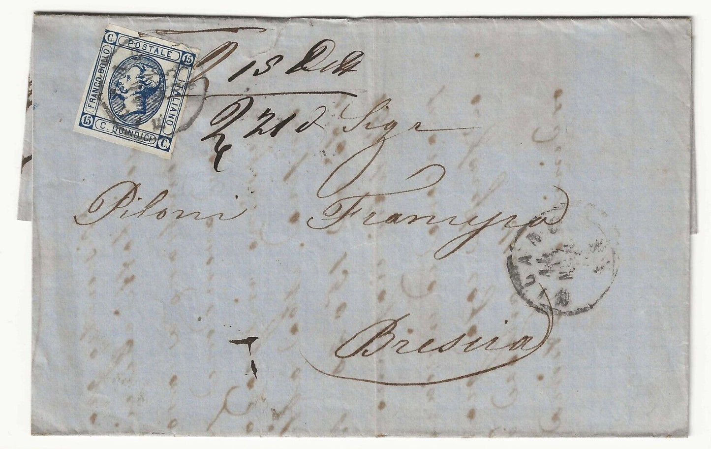 Regno - 15 cent. 1863 azzurro ardesia (II tipo Sassone 13b) su piego per Brescia