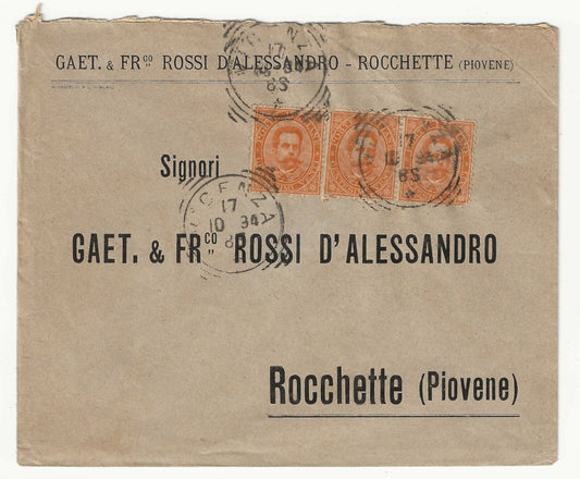 Regno - Striscia di tre val. 20 c. arancio Umberto I 1879 su busta per Rocchette