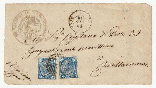 Regno - Coppia 10 c. azzurro 1877 su frammento per Castellammare di Stabia