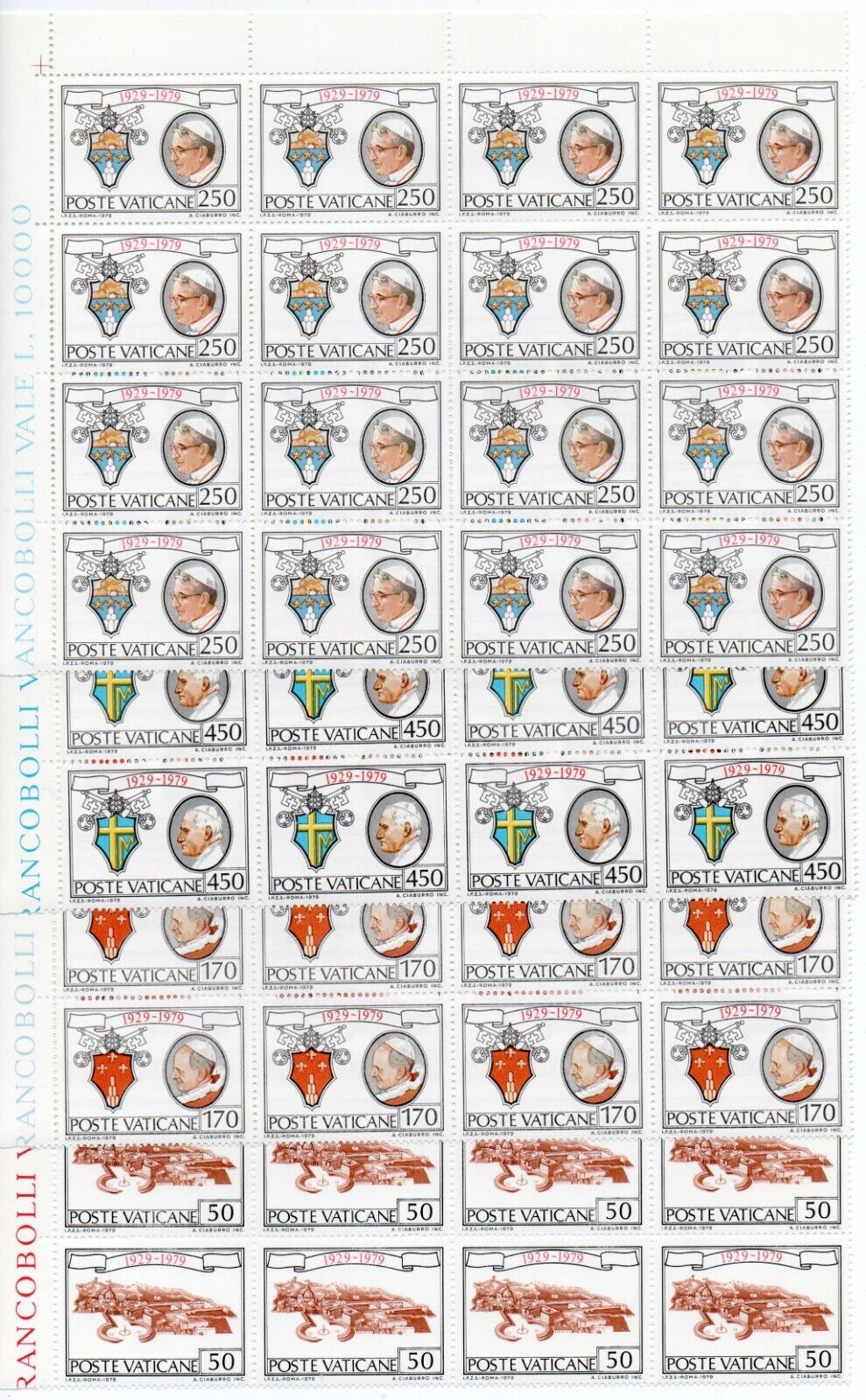 1979 - Città del Vaticano - 50° Stato Vaticano, 7 val. in blocchi di 16 MNH**