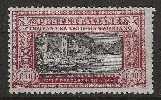 1923 Regno d'Italia - Cinquantenario morte A. Manzoni 10 c. carminio e nero MH*