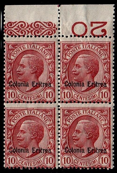 1908 Colonie (Eritrea) - 10 c. Leoni in quartina soprastampa spostata MNH**