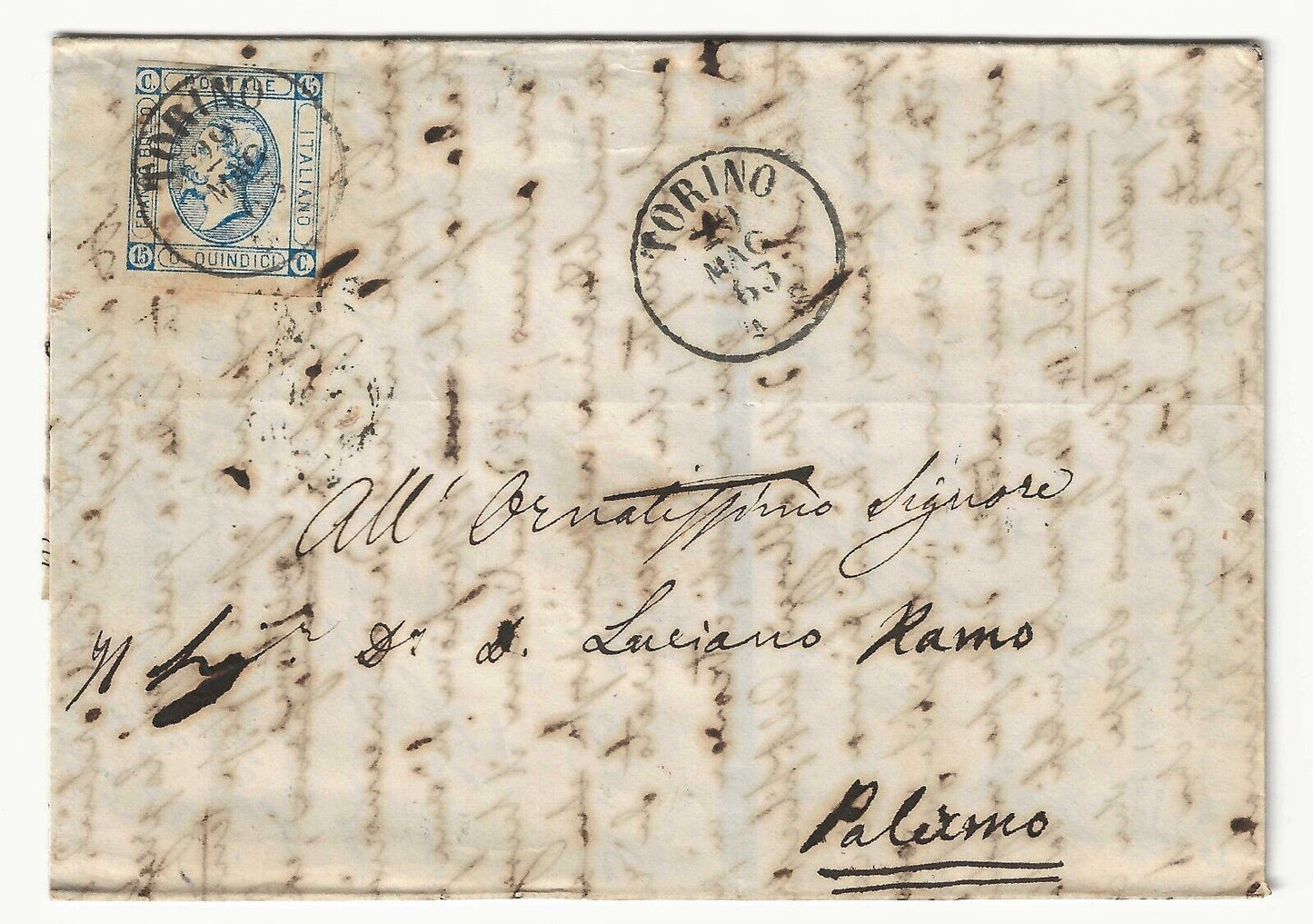 Regno - 15 c. 1863 (I tipo) su piego per Palermo con annullo Torino 29 MAG 63