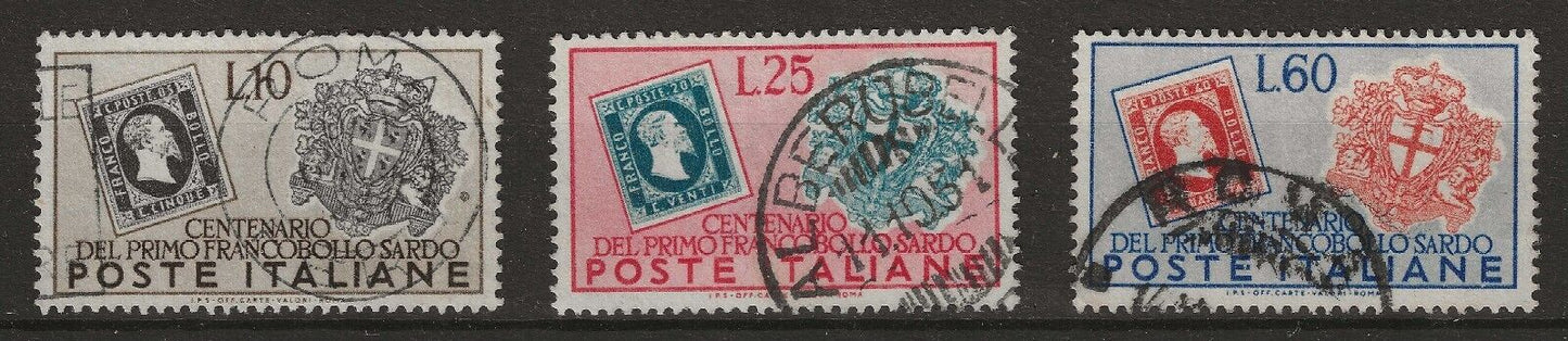 1951 Repubblica - Centenario francobolli di Sardegna, serie completa 3 val usati