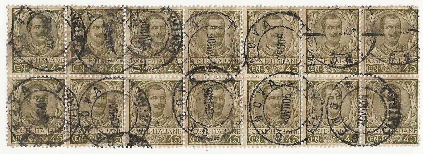 1901 Regno d'Italia - 45 cent. Floreale in blocco di 14 esemplari usato raro