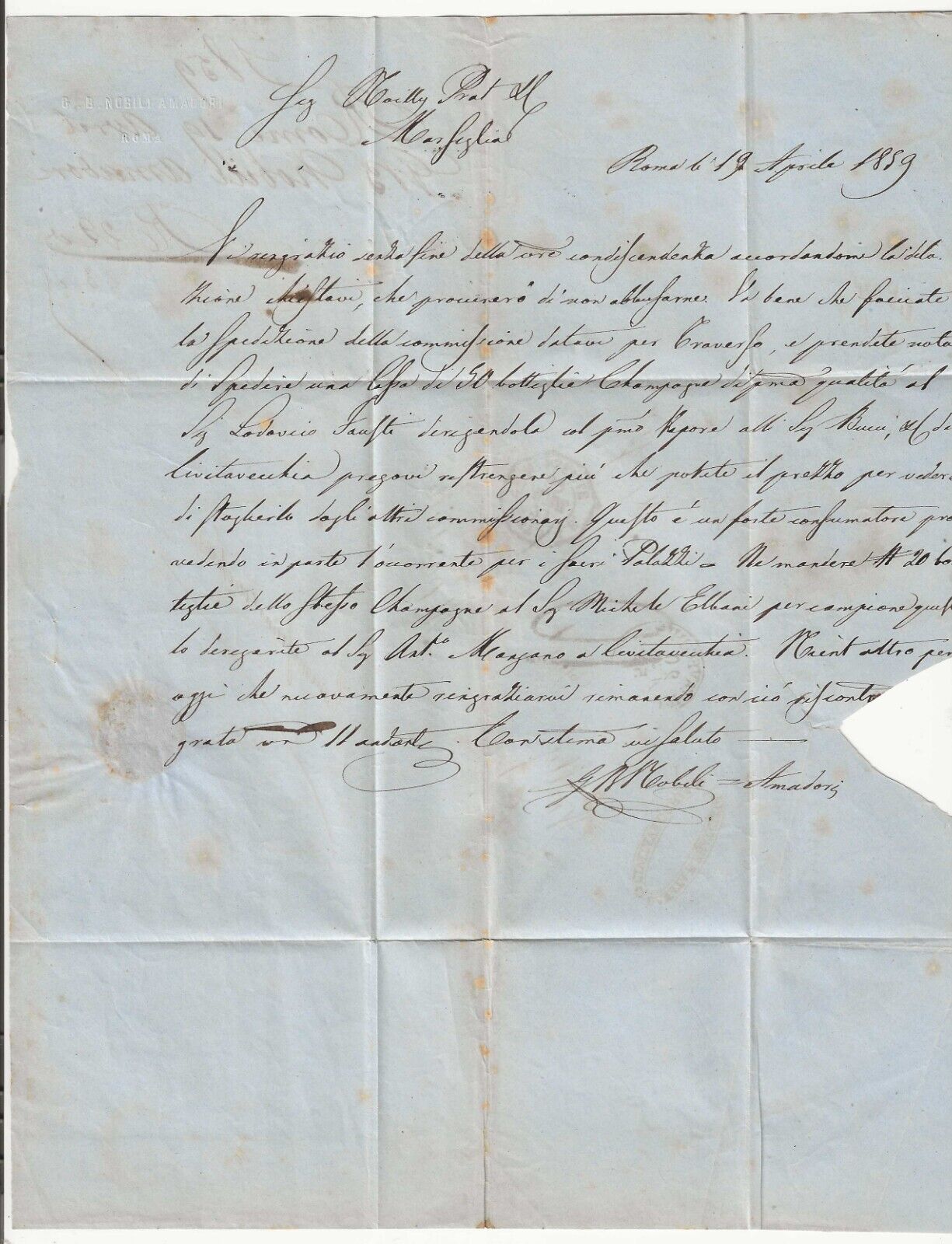 Lettera per Marsiglia con bolli Civitavecchia 1859 e bollo bastimenti Commercio