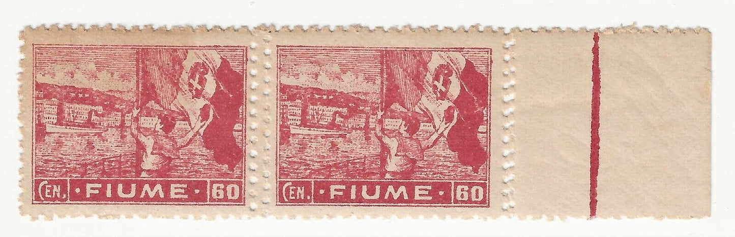 1919 Fiume - 60c. carminio (Carta C) coppia orizzontale doppia dentellatura MH*