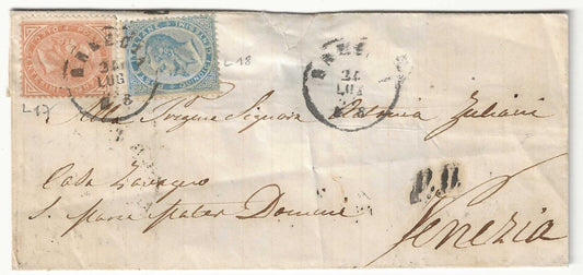 Regno - 10 c. ocra e 15 c. celeste De La Rue 1863 (Londra) su piego per Venezia