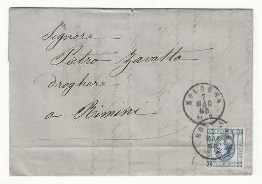 Regno - 15 c. 1863 (I tipo) su piego per Rimini con annullo Bologna 7 MAG 63