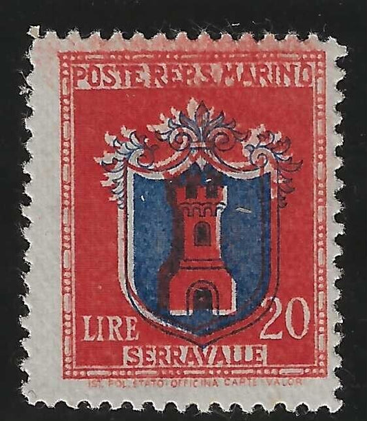 1945 San Marino - Coat of arms 20 L. center slightly shifted MH*