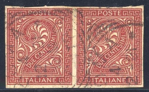 1866 Kingdom of Italy - Pair 2 c. brick red Turin not serrated used